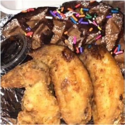 Chocolate waffle with golden fried wings